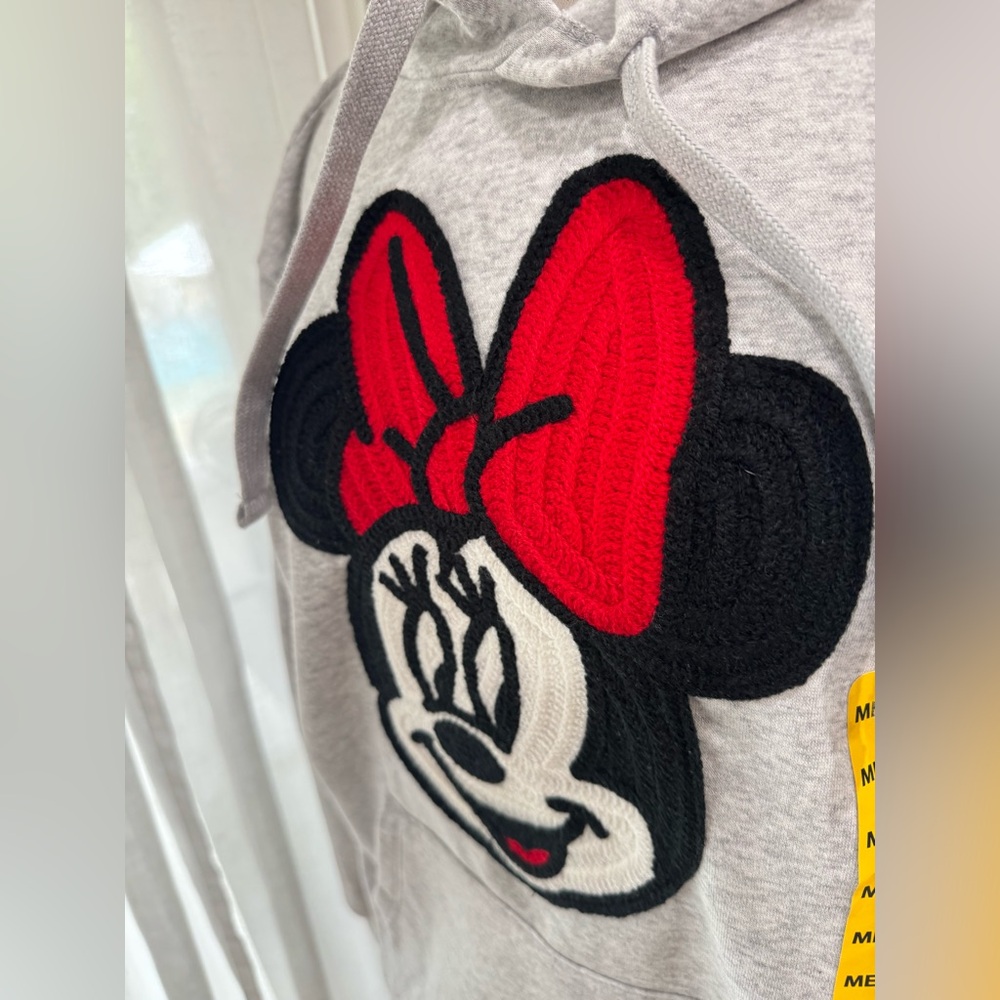 Disney Minnie Mouse Chenille Appliqué‎ Hoodie M Heather Gray, NWT - Picture 2 of 4